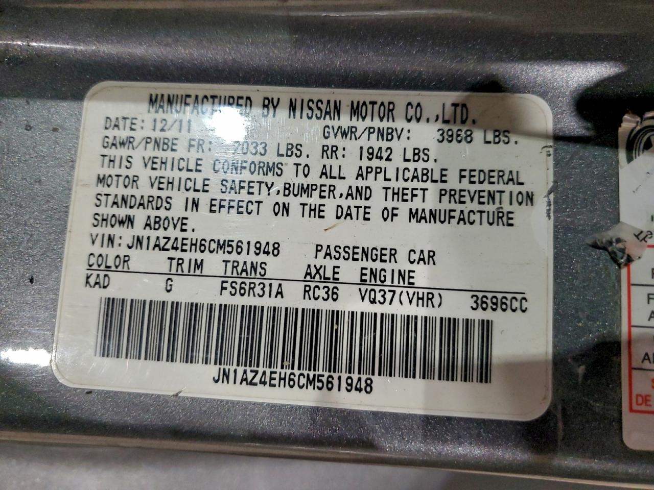 2012 Nissan 370Z Base VIN: JN1AZ4EH6CM561948 Lot: 94061315