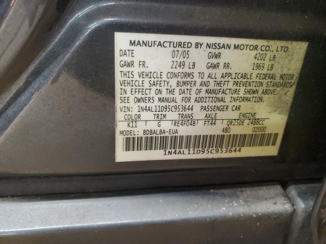 2005 Nissan Altima S VIN: 1N4AL11D95C953644 Lot: 93526505