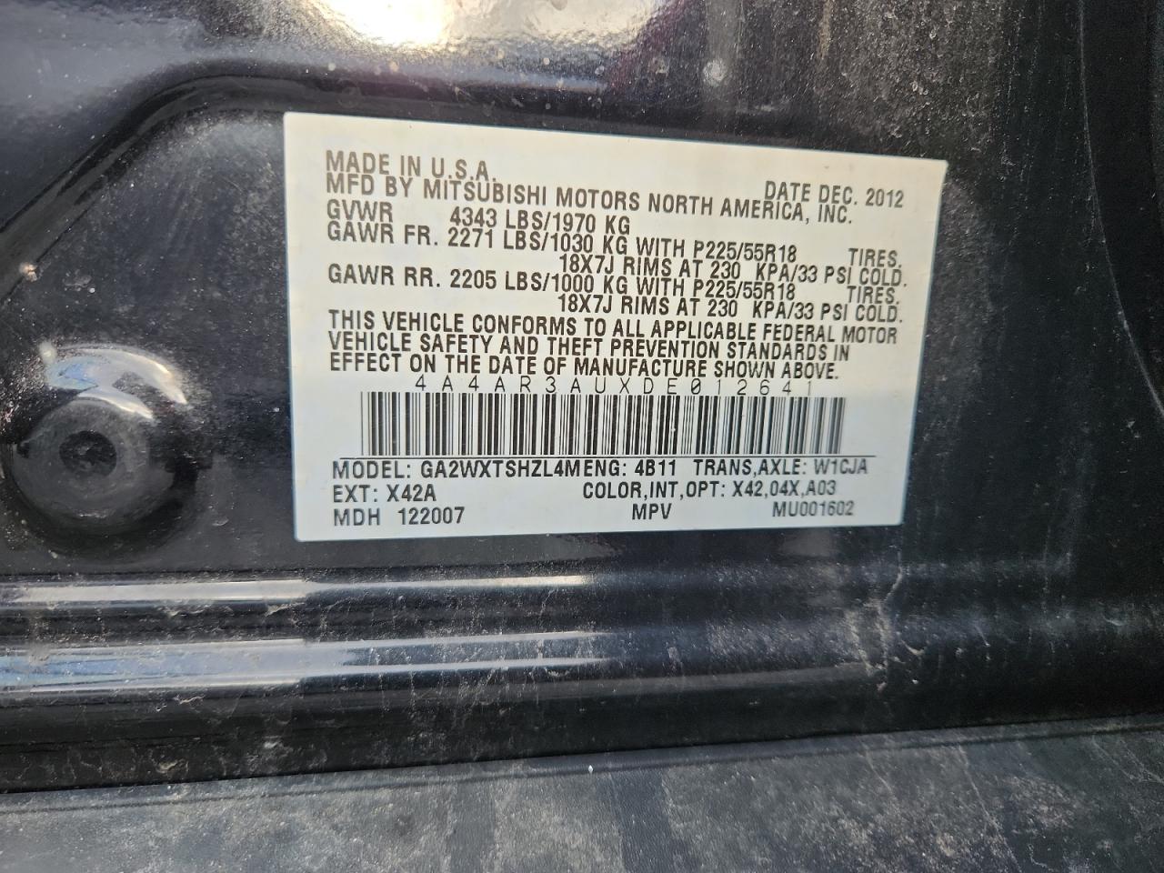 2013 Mitsubishi Outlander Sport Es VIN: 4A4AR3AUXDE012641 Lot: 92352825