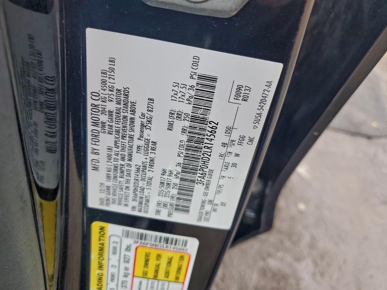 2020 Ford Fusion Se VIN: 3FA6P0HD2LR145662 Lot: 93227915