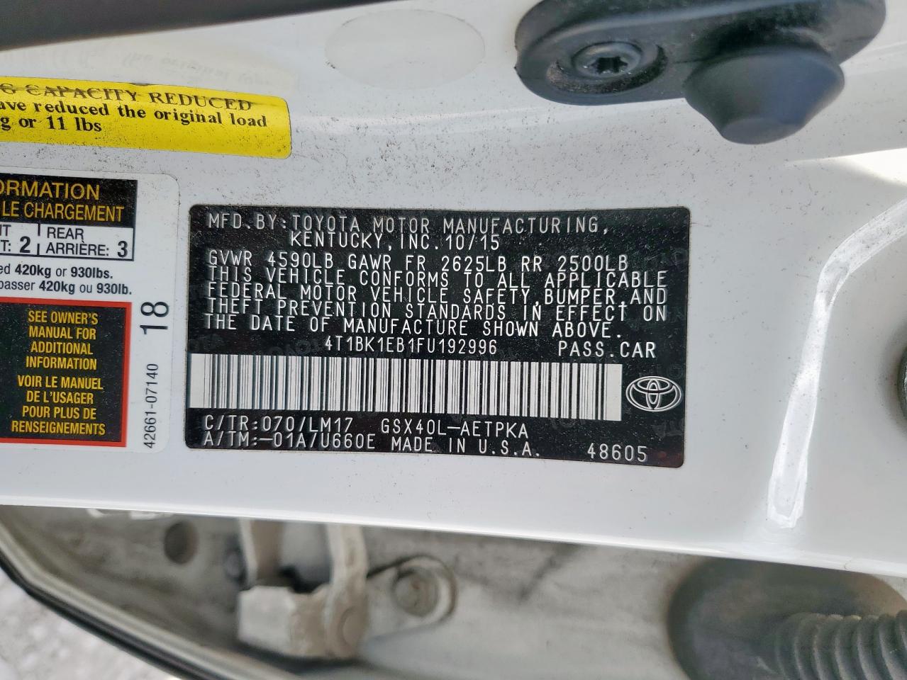 2015 Toyota Avalon Xle VIN: 4T1BK1EB1FU192996 Lot: 92191745