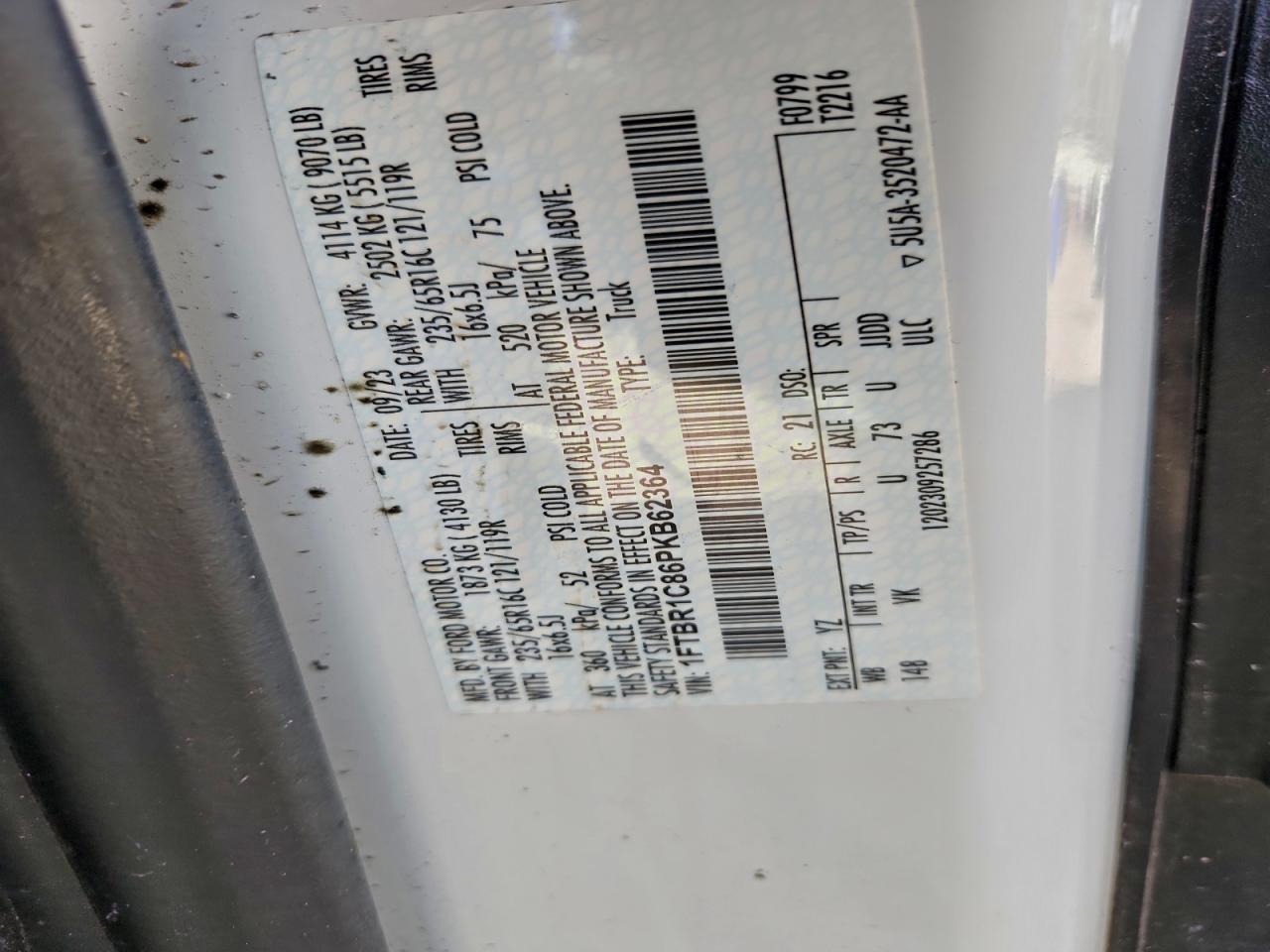 2023 Ford Transit T-250 VIN: 1FTBR1C86PKB62364 Lot: 93914475