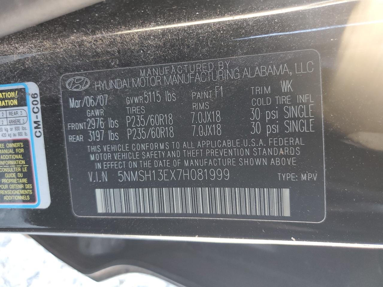 2007 Hyundai Santa Fe Se VIN: 5NMSH13EX7H081999 Lot: 90995855