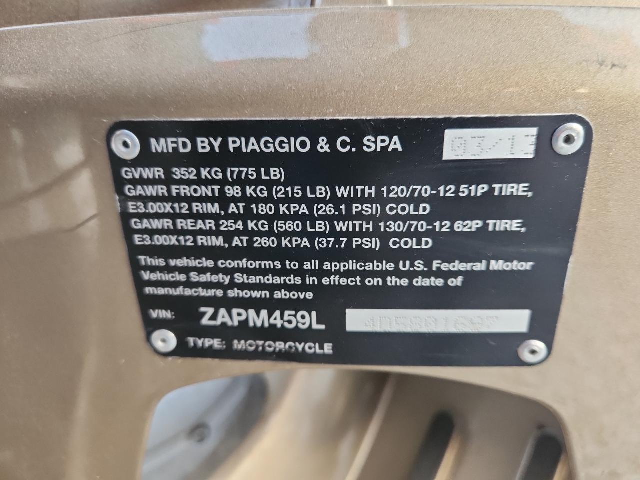 2013 Vespa Gts 300 Super VIN: ZAPM459L4D5801697 Lot: 90580235