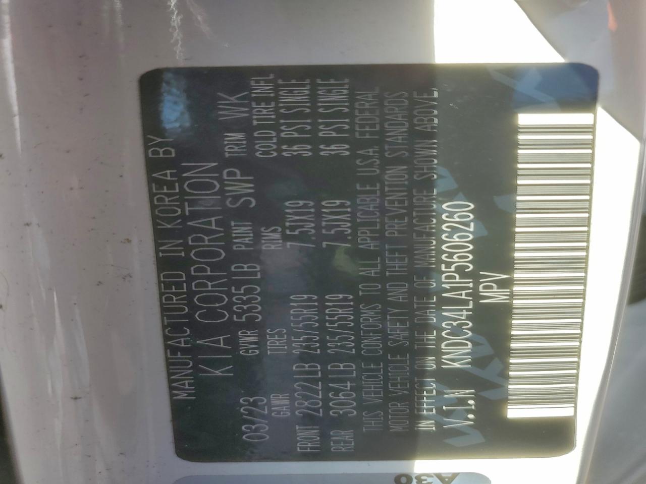 2023 Kia Ev6 Light VIN: KNDC34LA1P5606260 Lot: 94031345