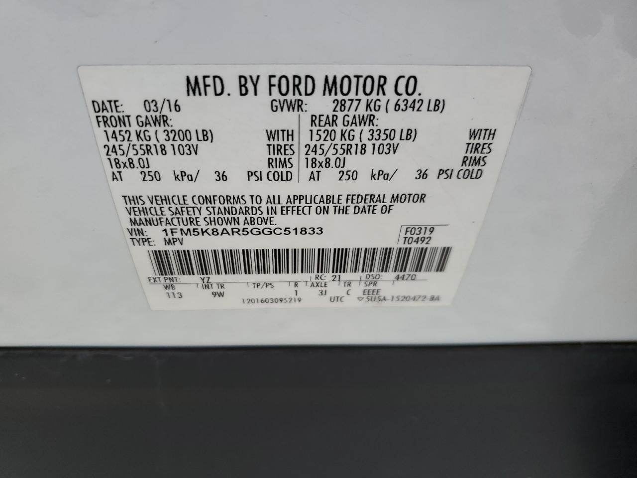 2016 Ford Explorer Police Interceptor VIN: 1FM5K8AR5GGC51833 Lot: 91838755