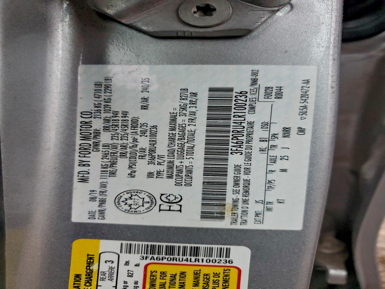 2020 Ford Fusion Titanium VIN: 3FA6P0RU4LR100236 Lot: 93502405