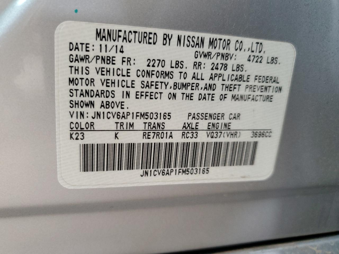 2015 Infiniti Q40 VIN: JN1CV6AP1FM503165 Lot: 93487715