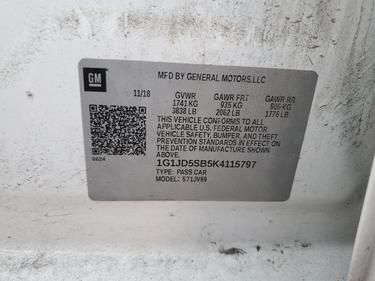 2019 Chevrolet Sonic Lt VIN: 1G1JD5SB5K4115797 Lot: 92674515