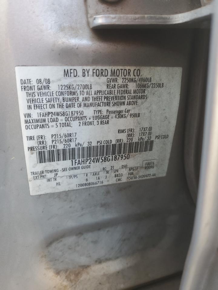 2008 Ford Taurus Sel VIN: 1FAHP24W58G187950 Lot: 92453385