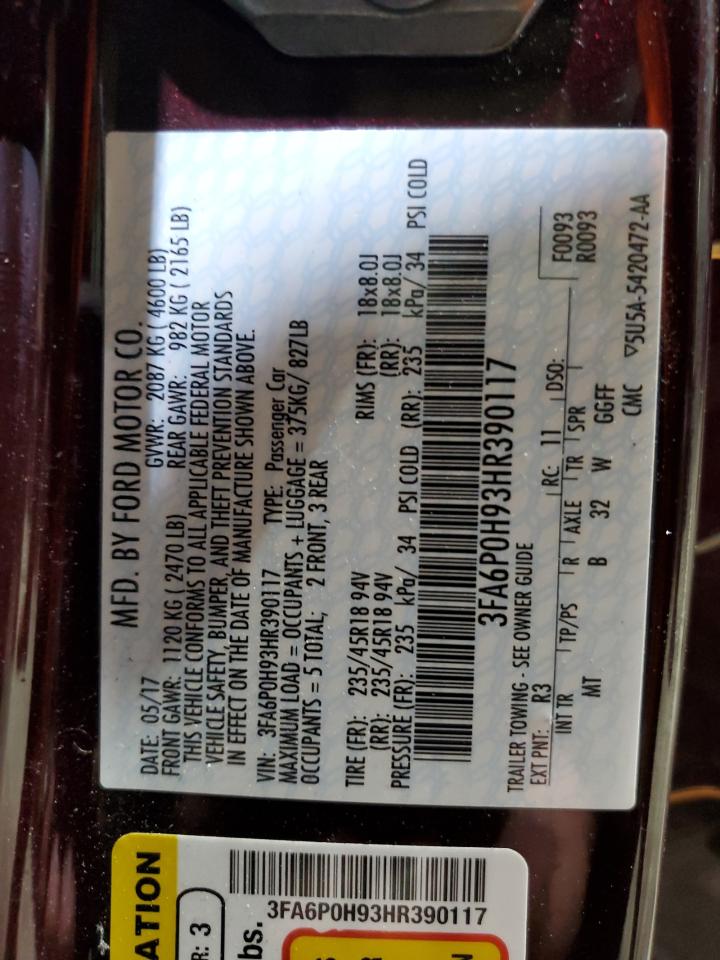 2017 Ford Fusion Se VIN: 3FA6P0H93HR390117 Lot: 93294445