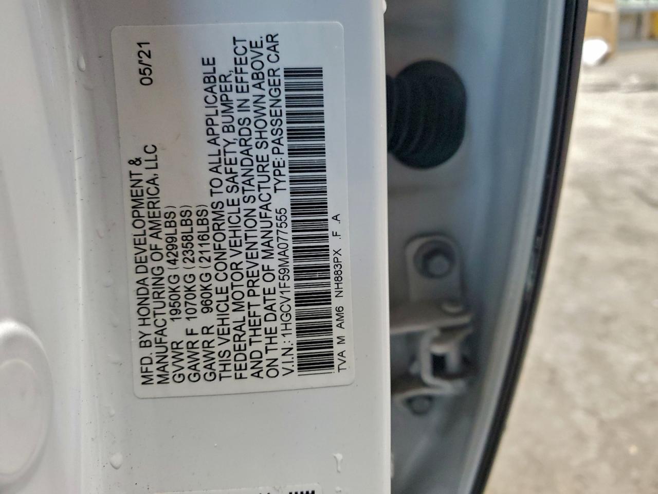 2021 Honda Accord Exl VIN: 1HGCV1F59MA077555 Lot: 94672225