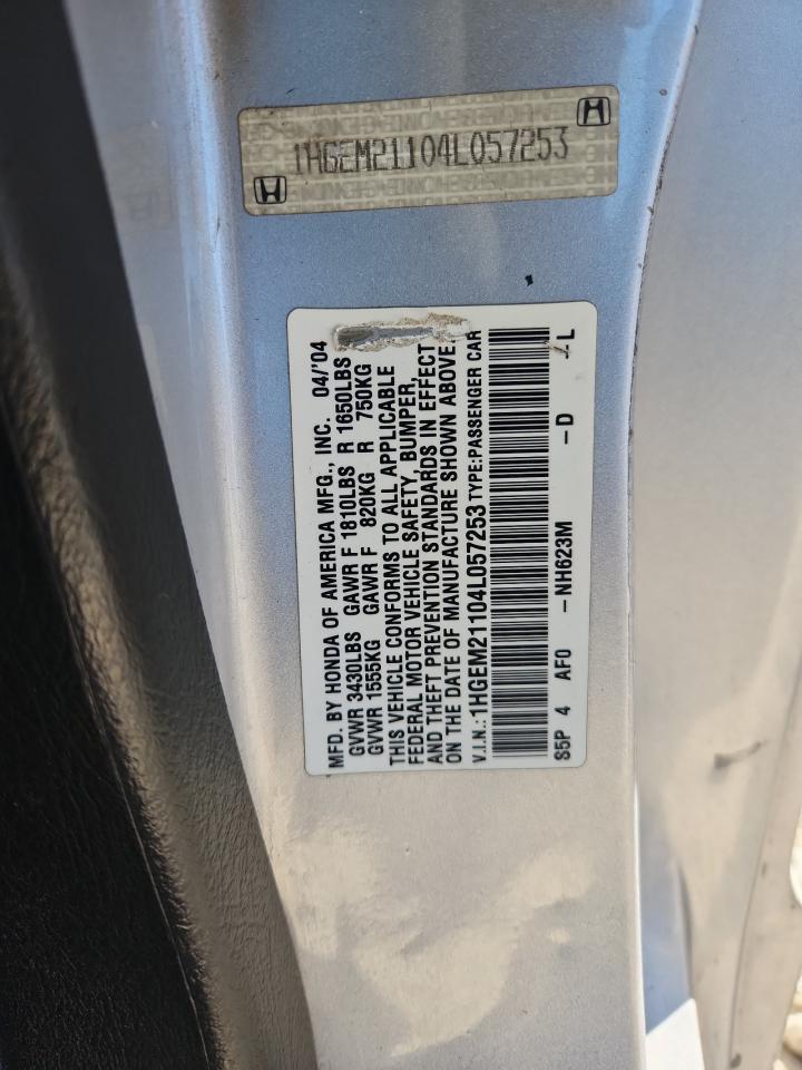 2004 Honda Civic Dx Vp VIN: 1HGEM21104L057253 Lot: 90906625