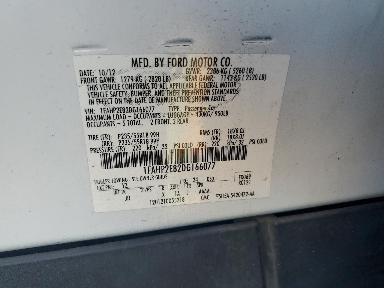 2013 Ford Taurus Sel VIN: 1FAHP2E82DG166077 Lot: 93035035