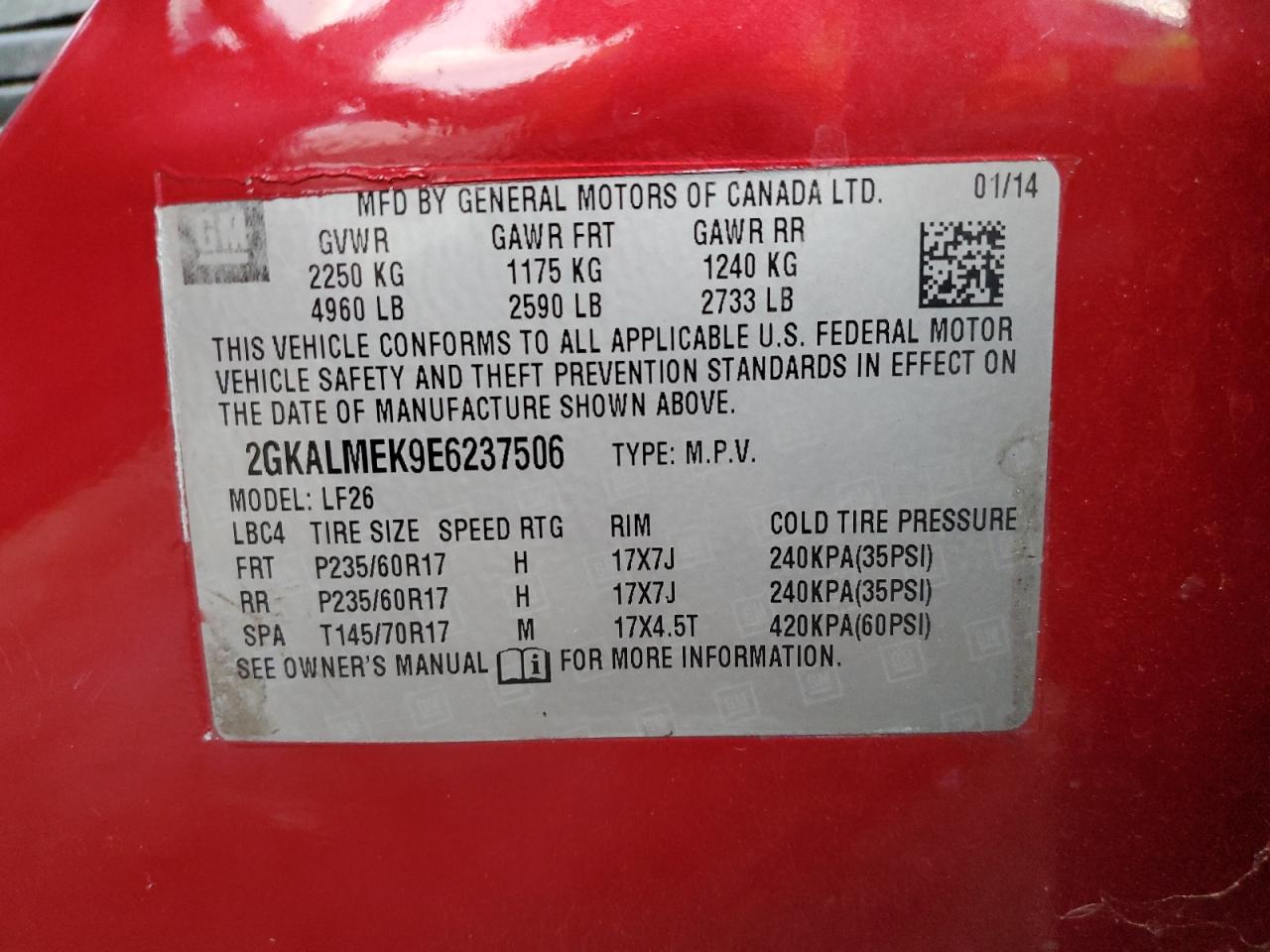 2014 GMC Terrain Sle VIN: 2GKALMEK9E6237506 Lot: 92901595