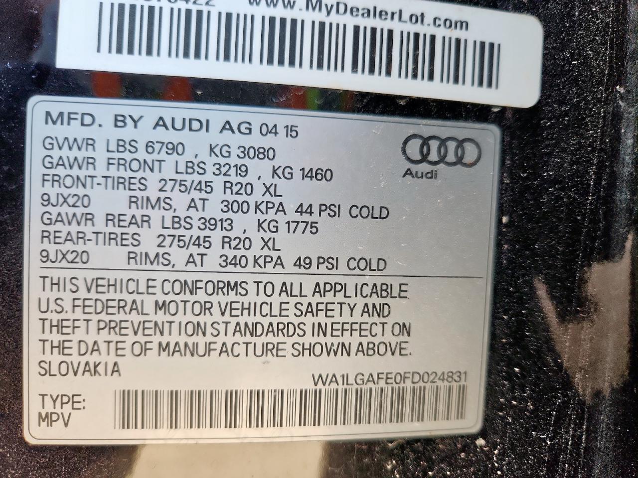 2015 Audi Q7 Premium Plus VIN: WA1LGAFE0FD024831 Lot: 92261455