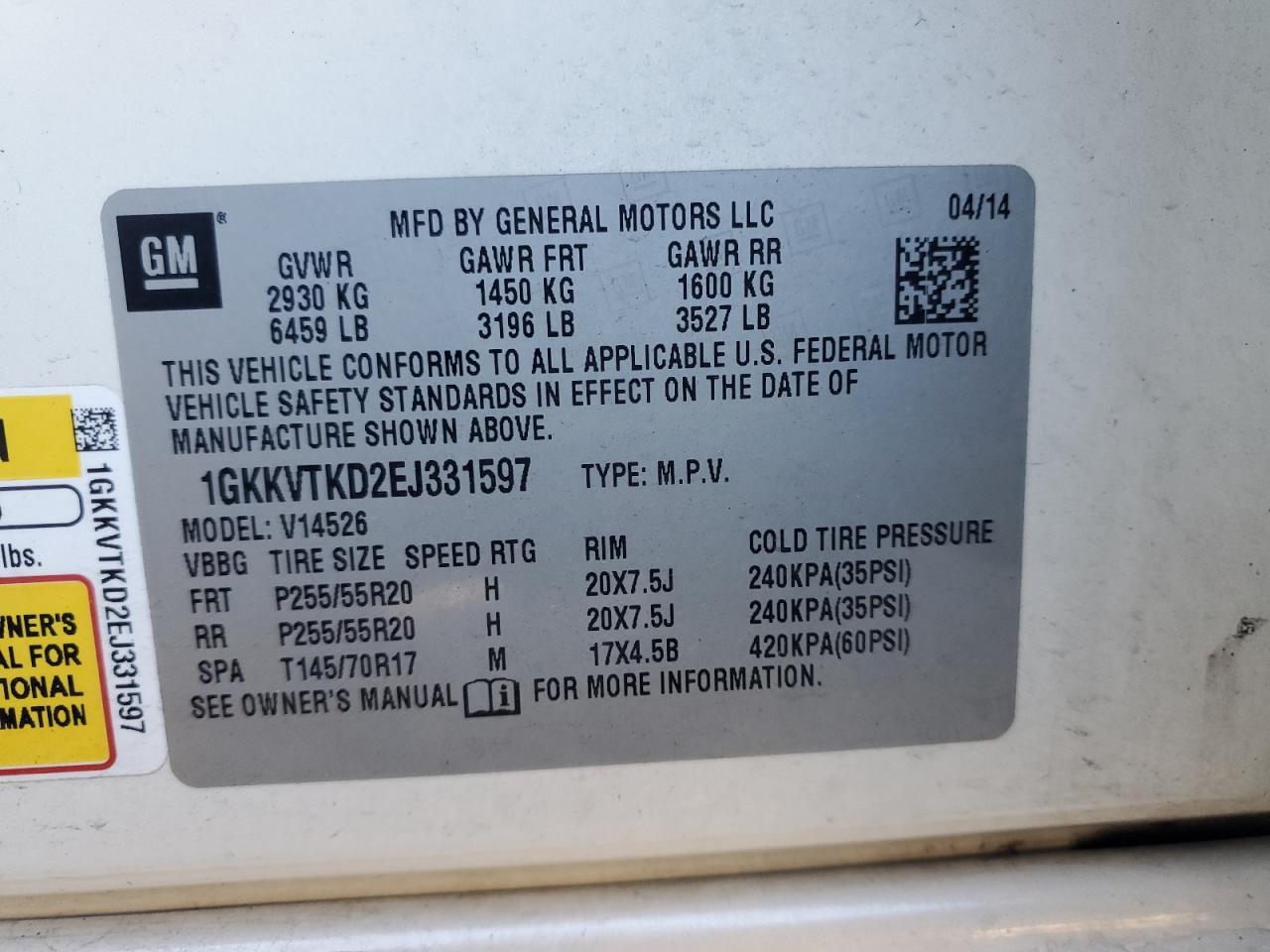 2014 GMC Acadia Denali VIN: 1GKKVTKD2EJ331597 Lot: 92616035