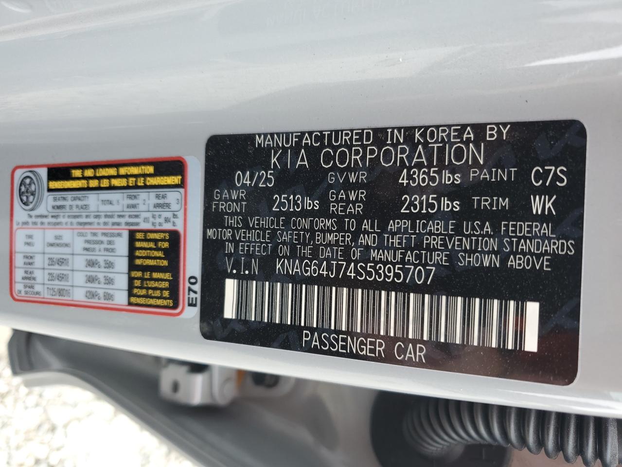 2025 Kia K5 Gt Line VIN: KNAG64J74S5395707 Lot: 93812825