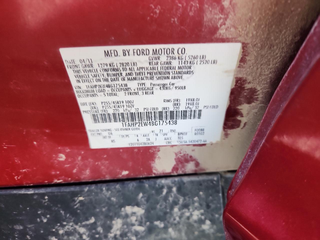 2011 Ford Taurus Sel VIN: 1FAHP2EW4BG175438 Lot: 92685585