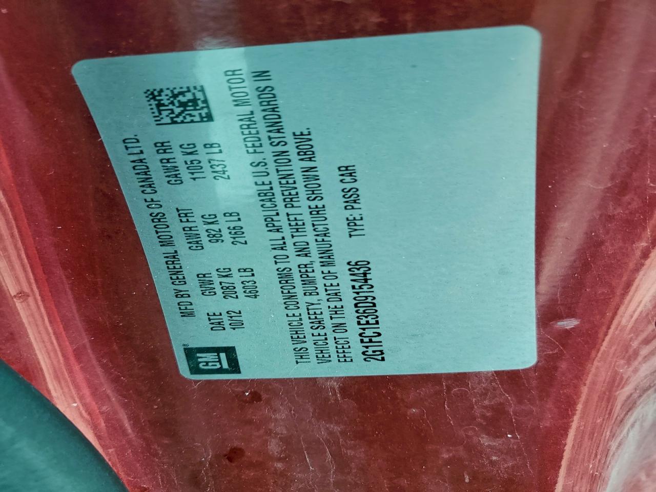 2013 Chevrolet Camaro Lt VIN: 2G1FC1E36D9154436 Lot: 94186755