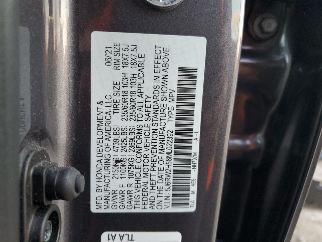 2021 Honda Cr-V Ex VIN: 5J6RW2H58ML022392 Lot: 91313145