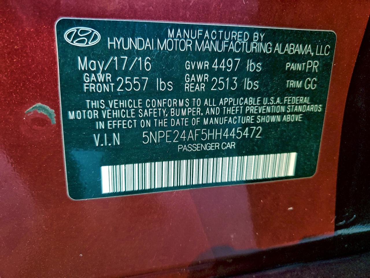 2017 Hyundai Sonata Se VIN: 5NPE24AF5HH445472 Lot: 94734055