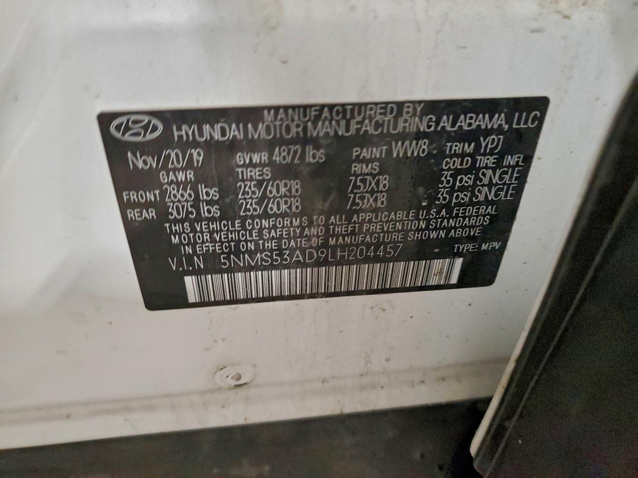 2020 Hyundai Santa Fe Limited VIN: 5NMS53AD9LH204457 Lot: 92940645