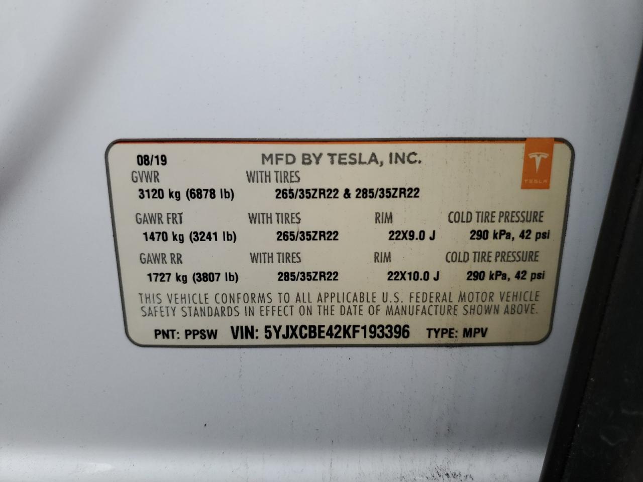 2019 Tesla Model X VIN: 5YJXCBE42KF193396 Lot: 87454555