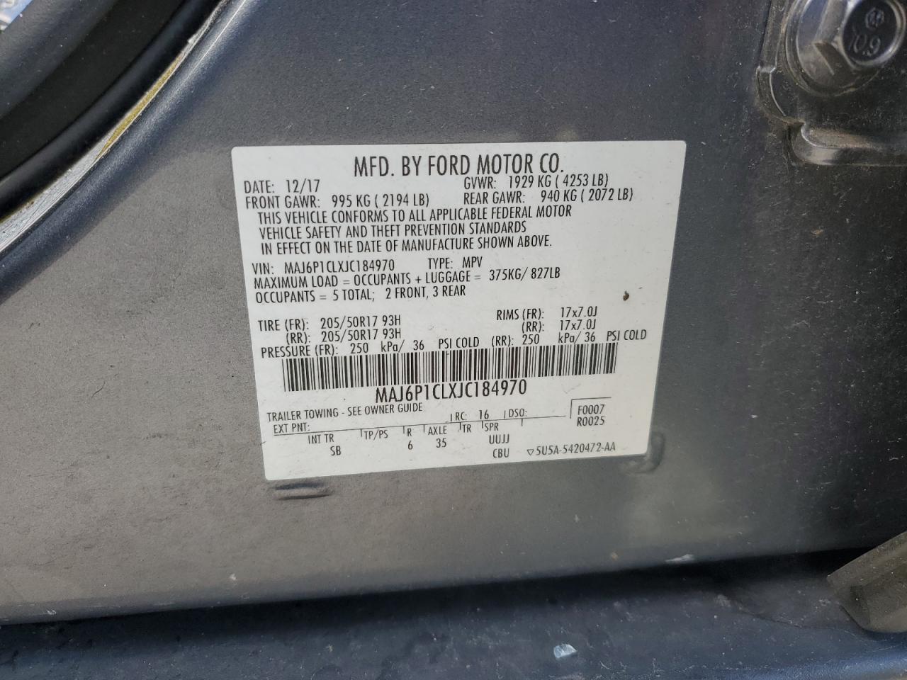 2018 Ford Ecosport Ses VIN: MAJ6P1CLXJC184970 Lot: 91020105