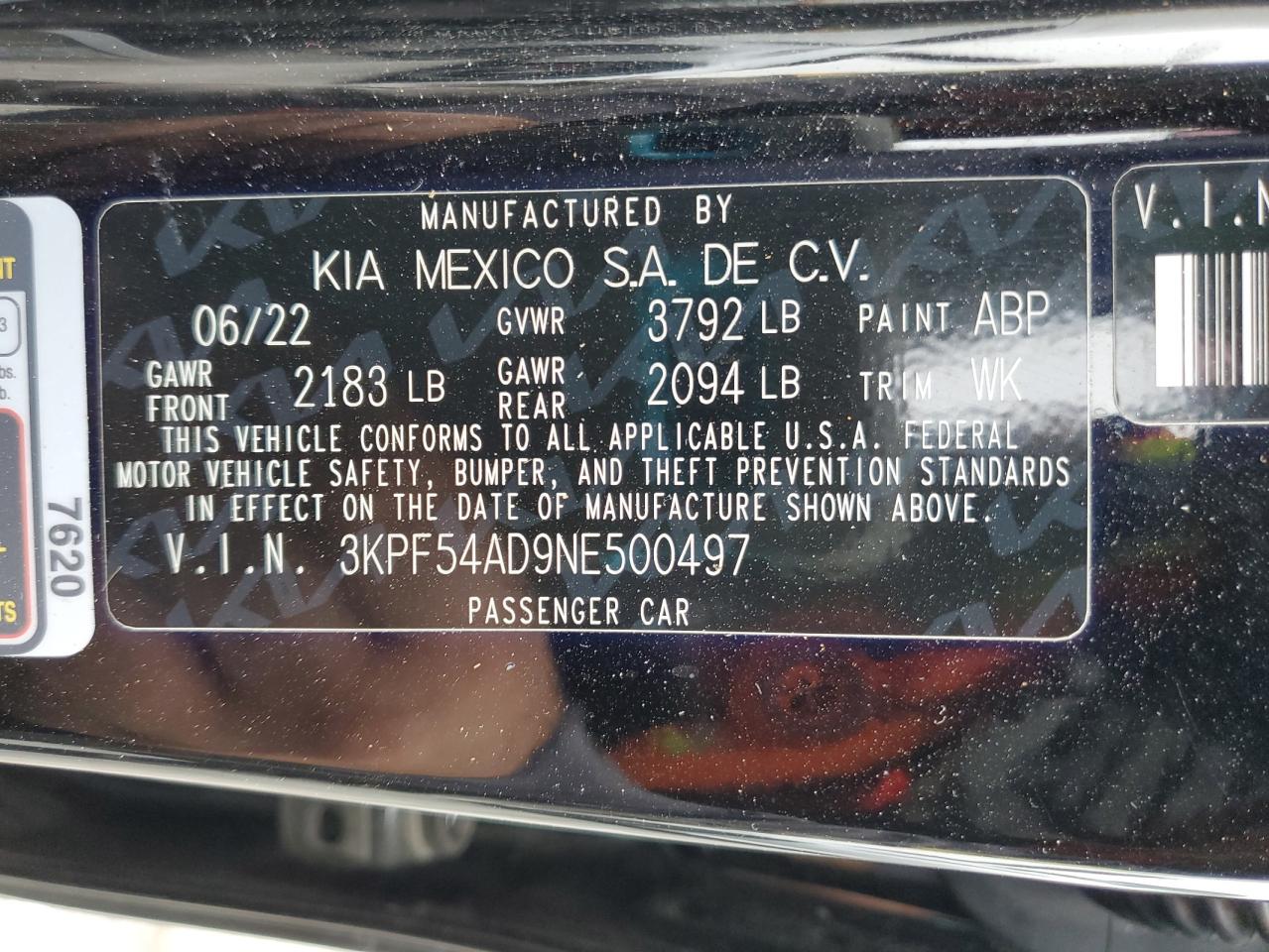 2022 Kia Forte Gt Line VIN: 3KPF54AD9NE500497 Lot: 91694945