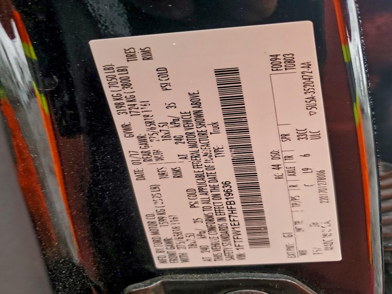 2017 Ford F150 Supercrew VIN: 1FTFW1EF7HFB19636 Lot: 94289885