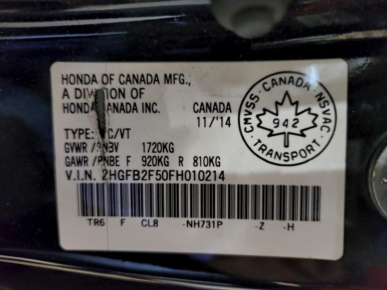 2015 Honda Civic Lx VIN: 2HGFB2F50FH010214 Lot: 94949535