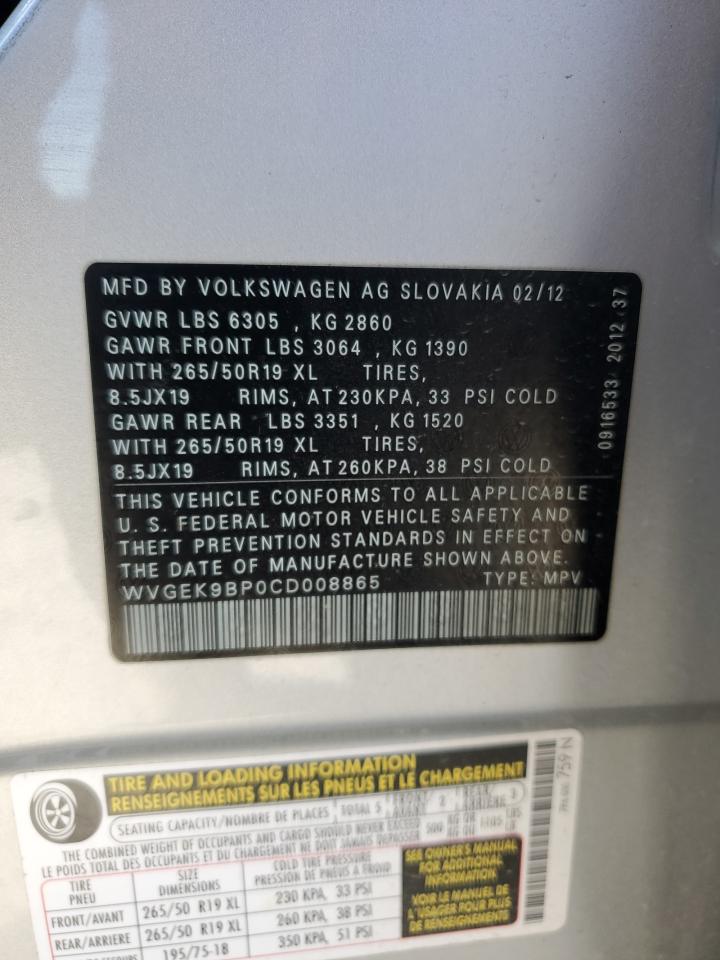 2012 Volkswagen Touareg V6 Tdi VIN: WVGEK9BP0CD008865 Lot: 91470195