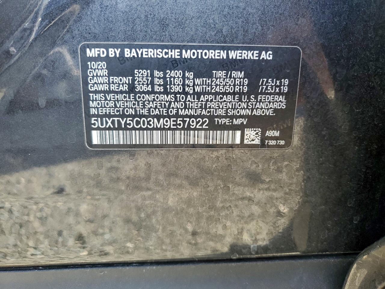 2021 BMW X3 xDrive30I VIN: 5UXTY5C03M9E57922 Lot: 93344515