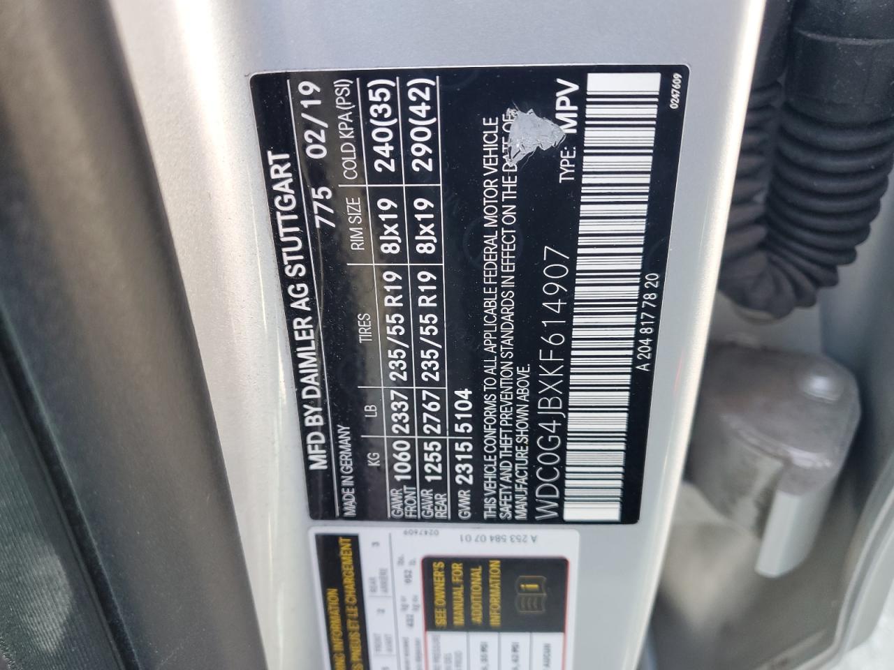 2019 Mercedes-Benz Glc 300 VIN: WDC0G4JBXKF614907 Lot: 92398385