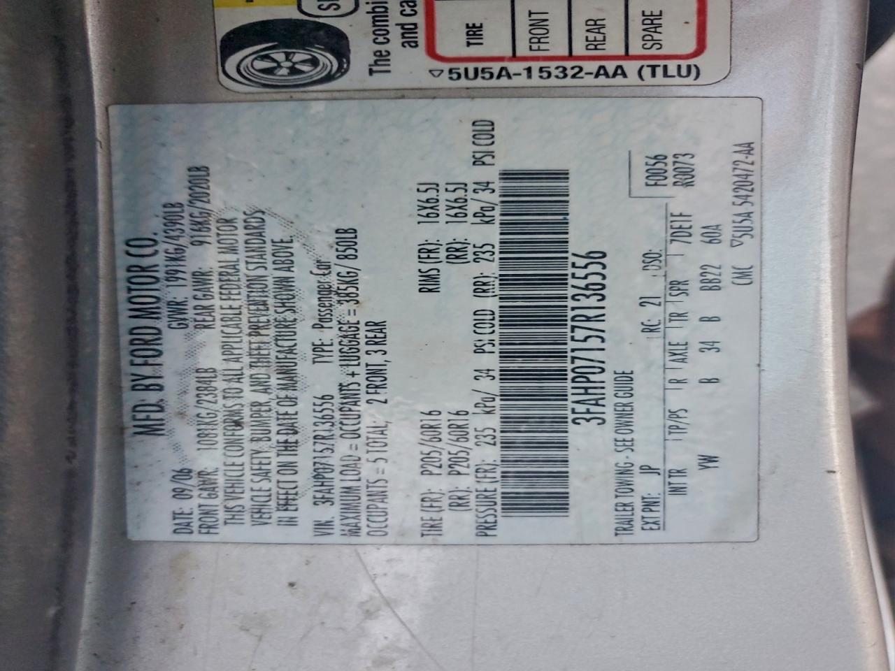 2007 Ford Fusion Se VIN: 3FAHP07157R136556 Lot: 93493645