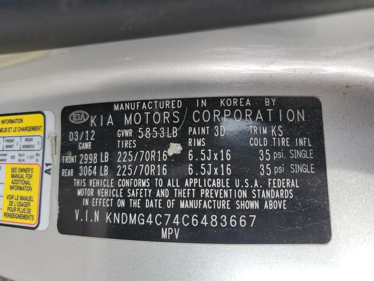 2012 Kia Sedona Lx VIN: KNDMG4C74C6483667 Lot: 92509525