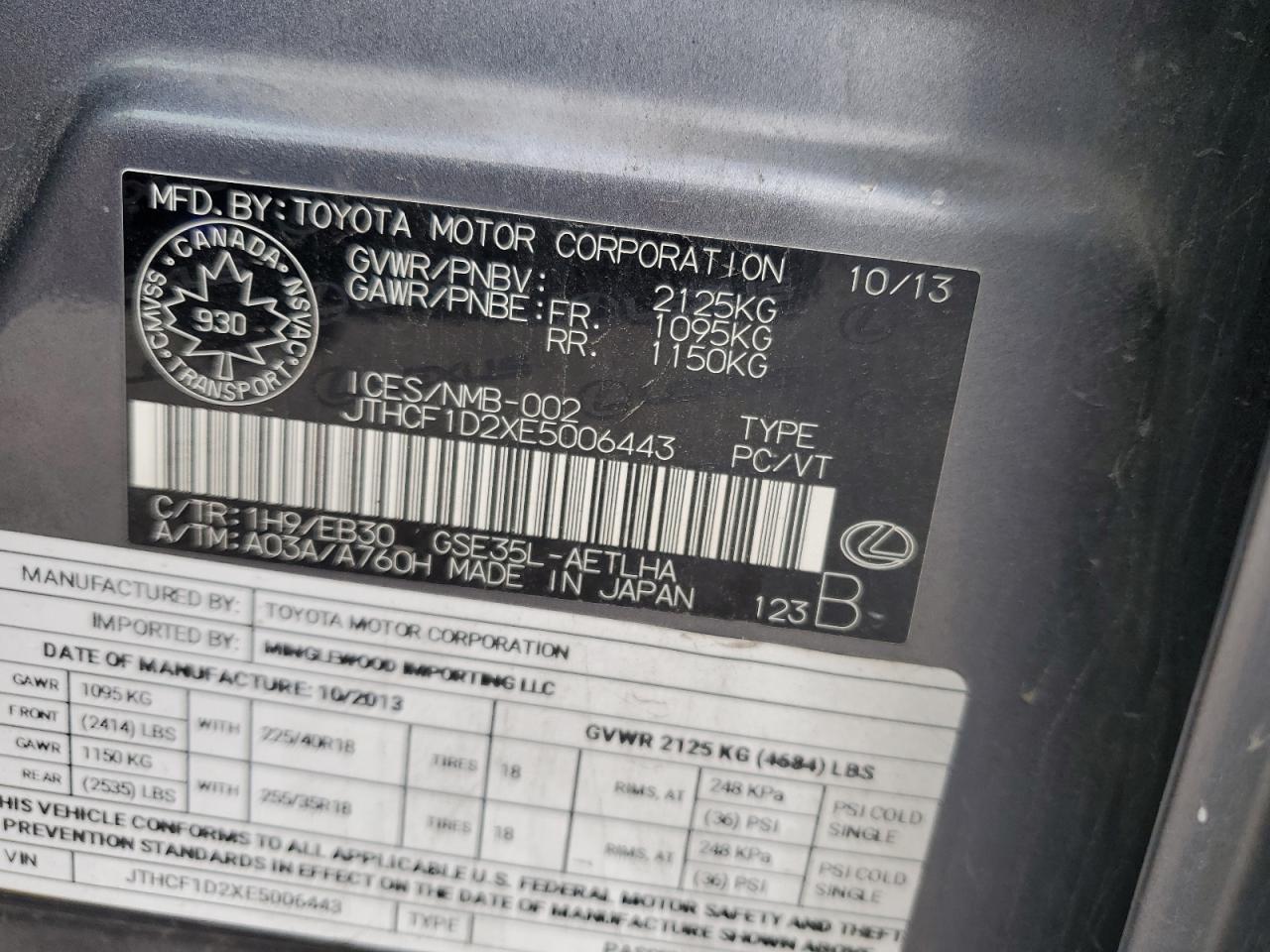 2014 Lexus Is 250 VIN: JTHCF1D2XE5006443 Lot: 90382155