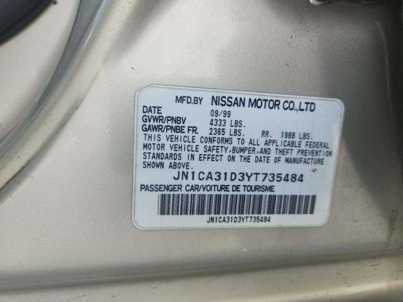 2000 Nissan Maxima Gle VIN: JN1CA31D3YT735484 Lot: 93612895