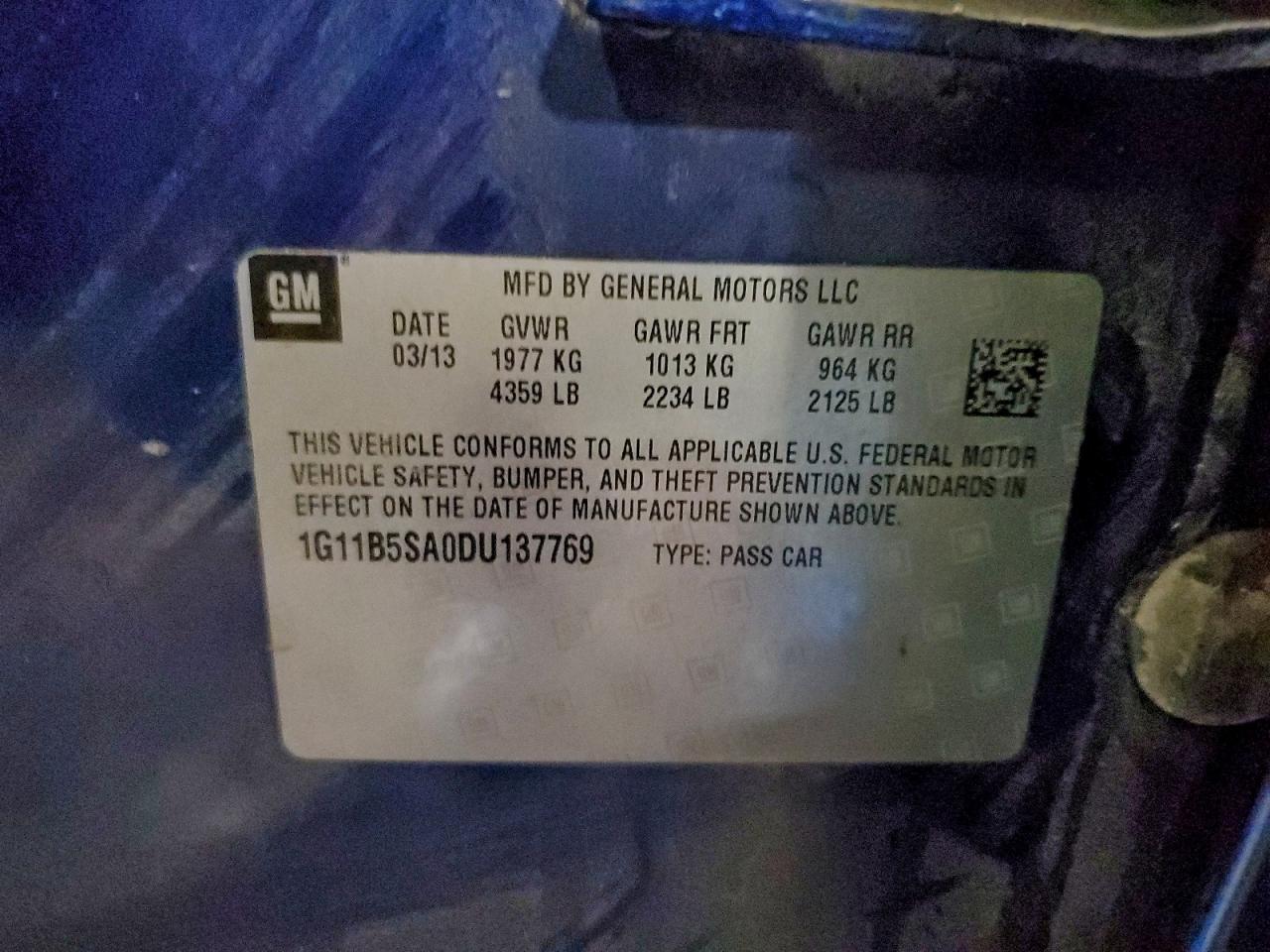 2013 Chevrolet Malibu Ls VIN: 1G11B5SA0DU137769 Lot: 93345665