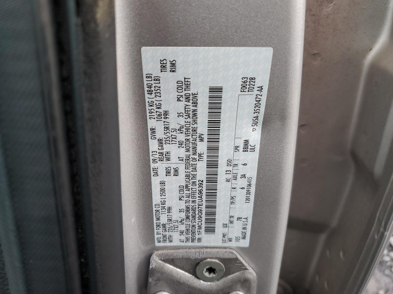 2014 Ford Escape Se VIN: 1FMCU9G97EUA96392 Lot: 92085195