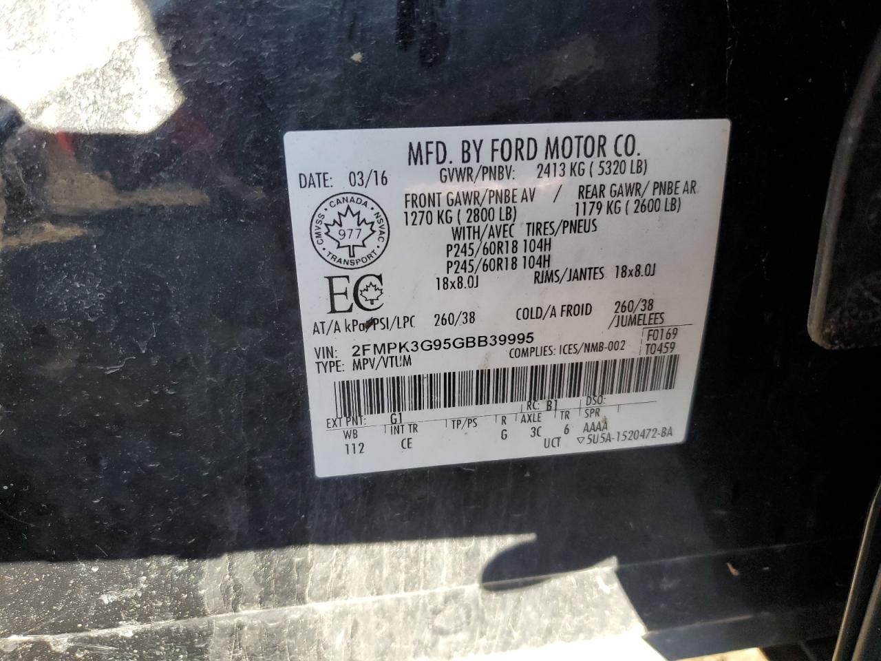 2016 Ford Edge Se VIN: 2FMPK3G95GBB39995 Lot: 93202985