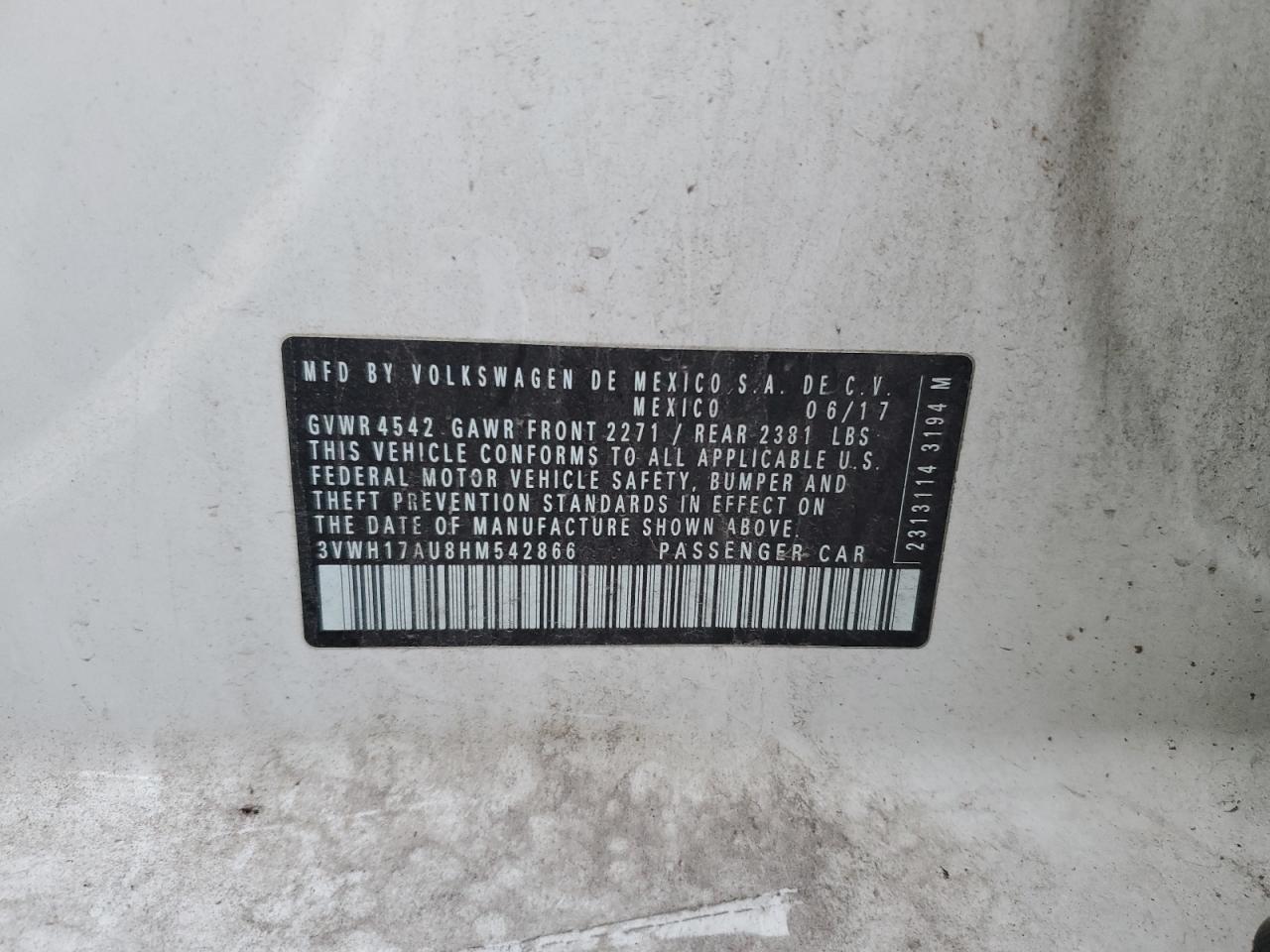 2017 Volkswagen Golf Alltrack S VIN: 3VWH17AU8HM542866 Lot: 92848275