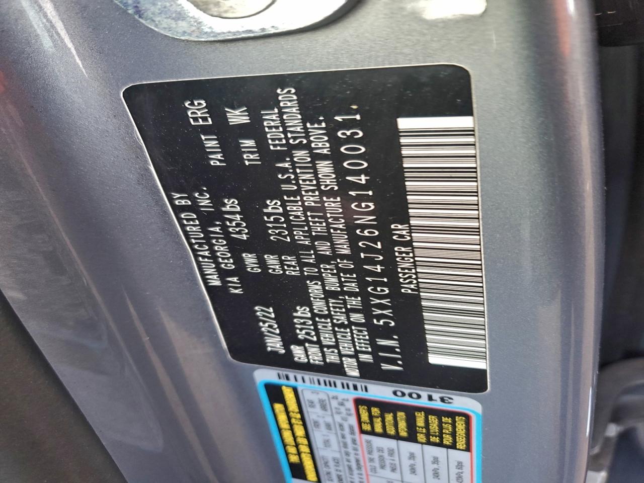 2022 Kia K5 Lxs VIN: 5XXG14J26NG140031 Lot: 93779485