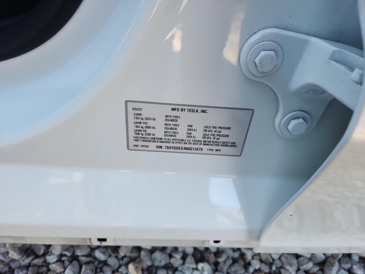 2022 Tesla Model Y VIN: 7SAYGDEE4NA013479 Lot: 92576225