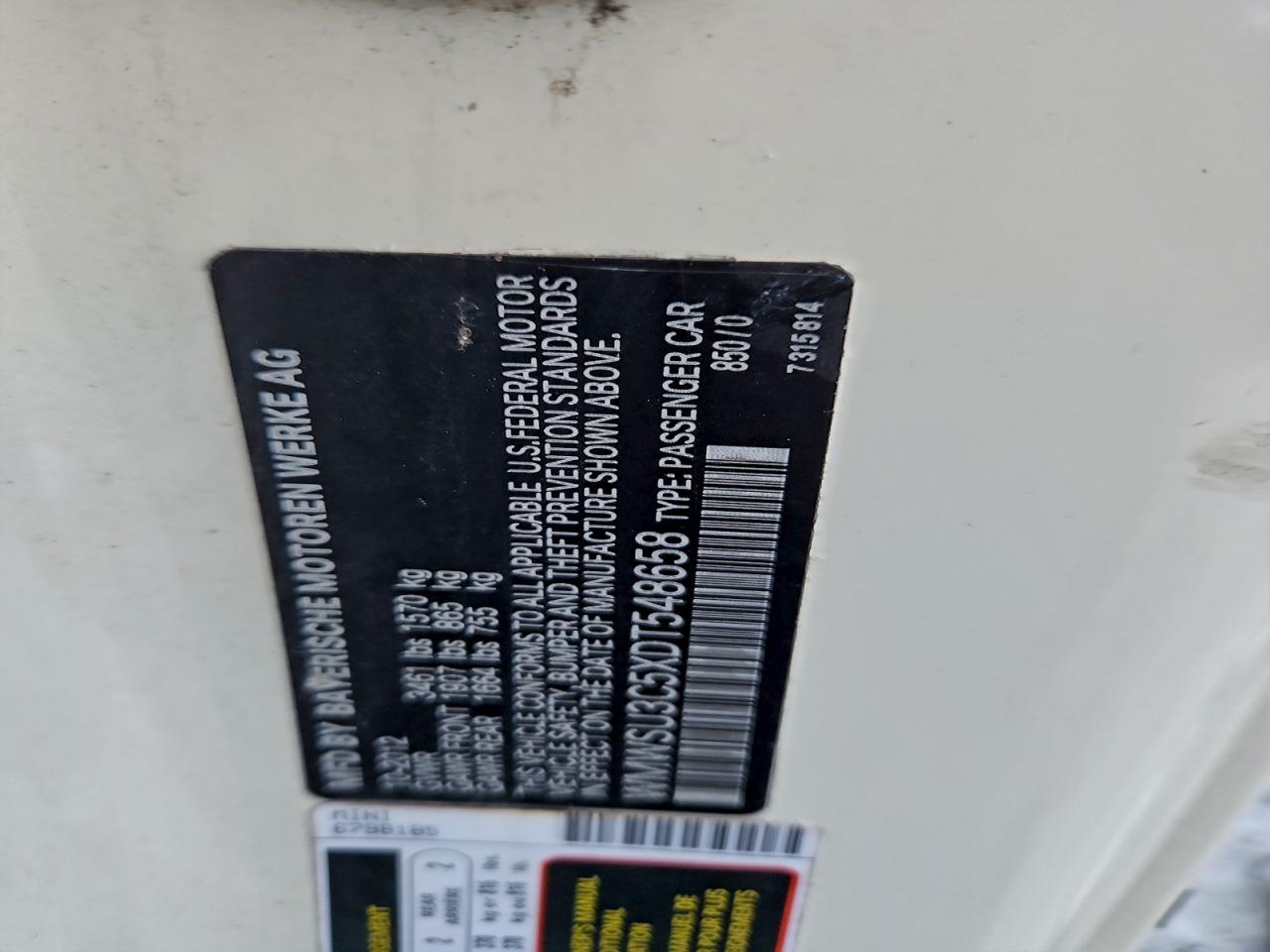 2013 Mini Cooper VIN: WMWSU3C5XDT548658 Lot: 93778615