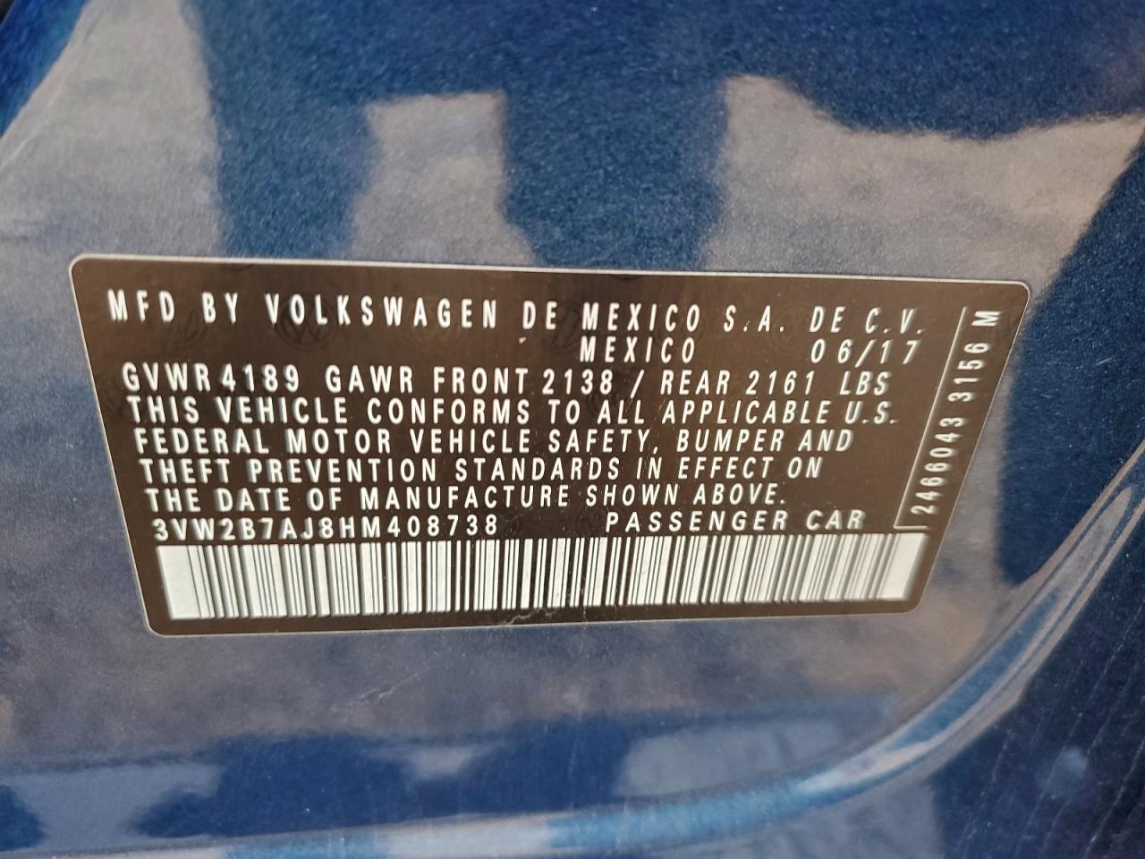 2017 Volkswagen Jetta S VIN: 3VW2B7AJ8HM408738 Lot: 94038525