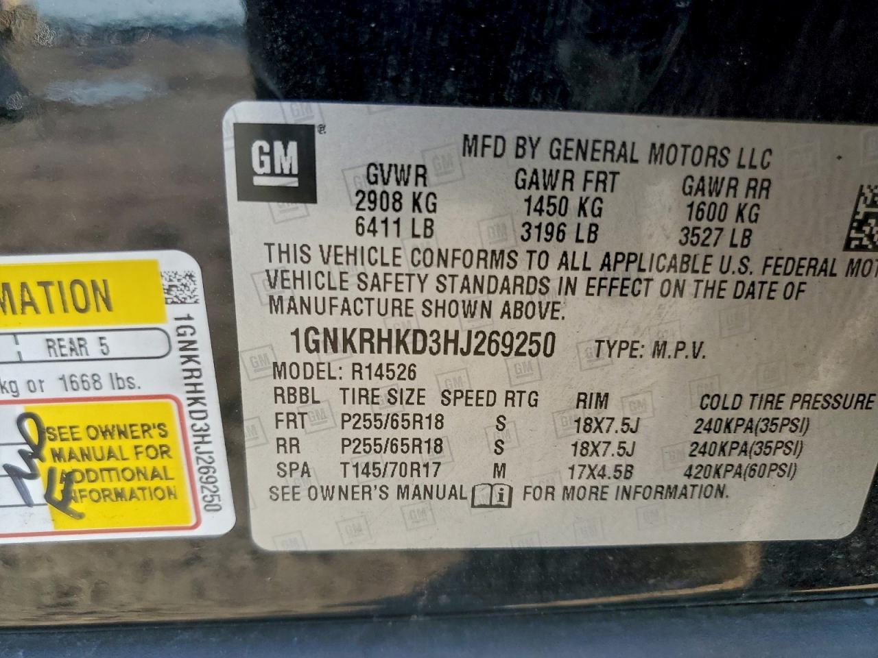2017 Chevrolet Traverse Lt VIN: 1GNKRHKD3HJ269250 Lot: 91430735