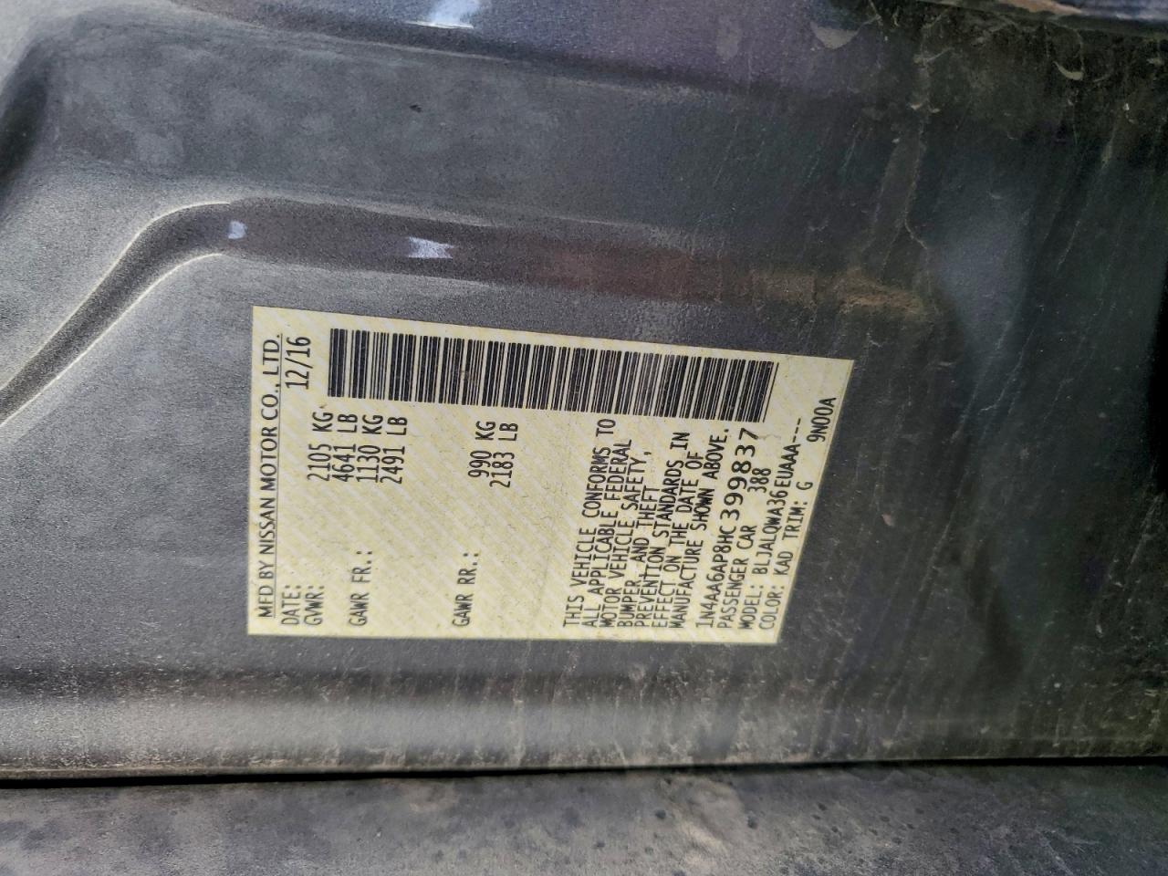 2017 Nissan Maxima 3.5S VIN: 1N4AA6AP8HC399837 Lot: 93351205