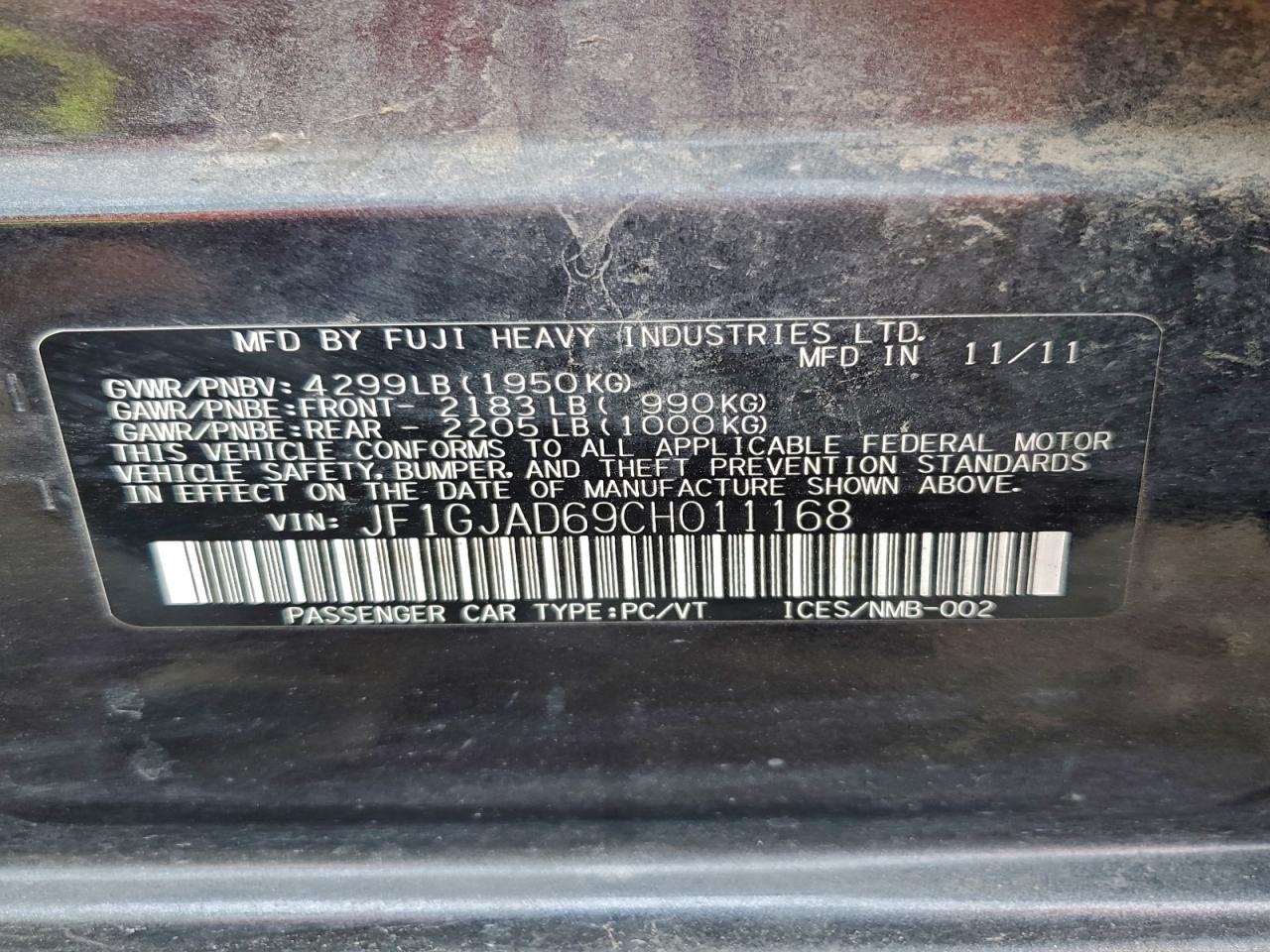 2012 Subaru Impreza Premium VIN: JF1GJAD69CH011168 Lot: 93771885